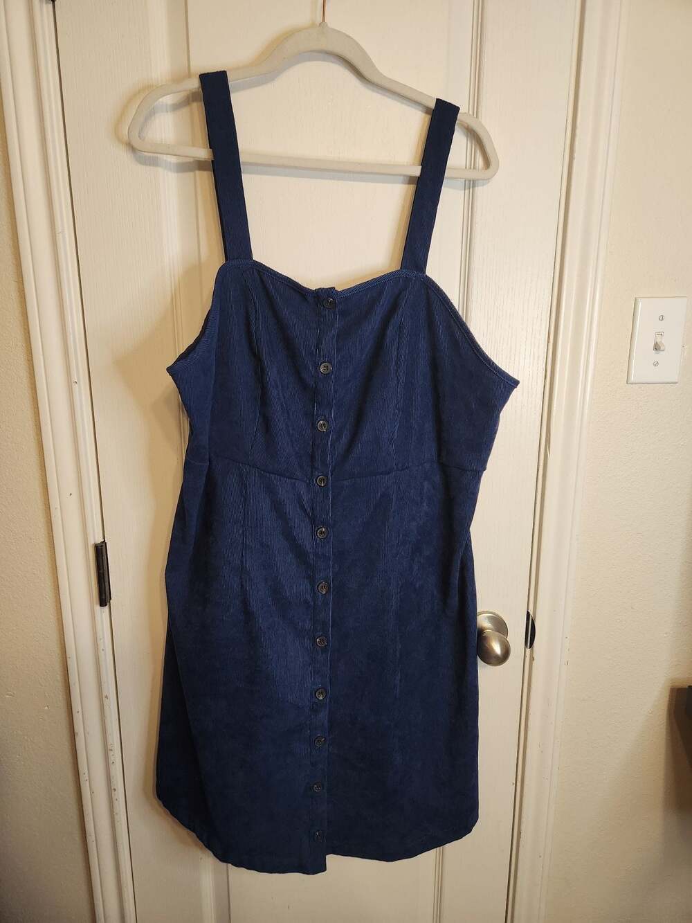 Plus size Navy Blue Corduroy Button-Front Mini Pinafore Dress